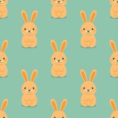 Vector Seamless Pattern with Easter Cute and Funny Cartoon Rabbit. Easter Holiday Design with Brown Flat Hare, Bunny on Green Background. Vector Illustration