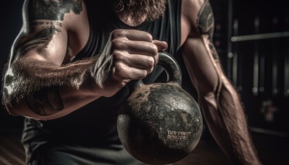 Fototapeta na wymiar Close-up photo of the athlete doing kettlebell swings with a kettlebell in hand. Generative AI