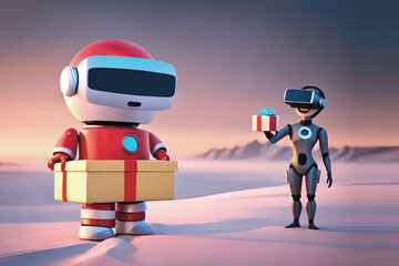 Robot using vr glasses holding the gift box, created with generative AI technology