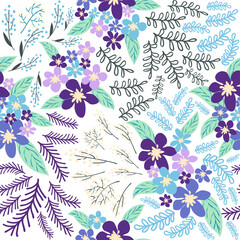 Fantasy seamless floral pattern with blue, azure, tsman, lavender flowers and leaves. Elegant template for fashion