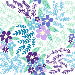 Fantasy seamless floral pattern with blue, azure, tsman, lavender flowers and leaves. Elegant template for fashion