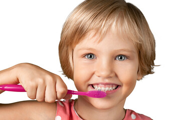 Little girl brushing teeth isolated on white