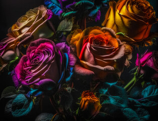 Fototapeta na wymiar Illustration of a bright fantastic bouquet of flowers on a dark background