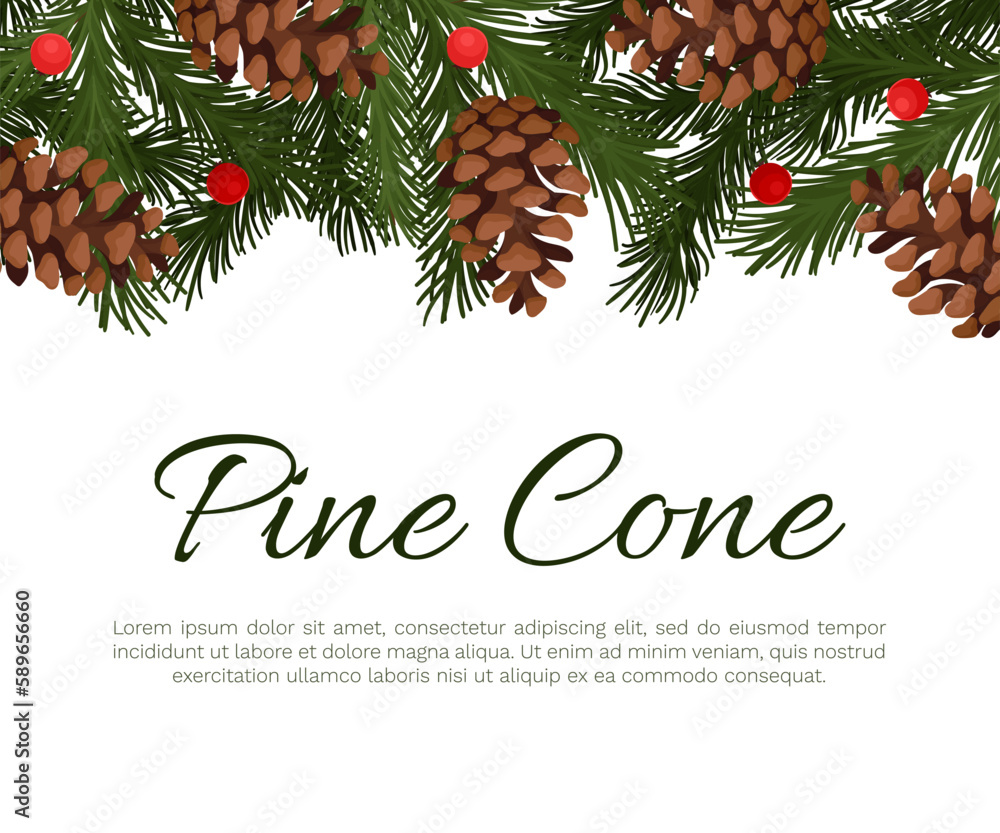 Poster pine cone banner design with needle tree branch vector template