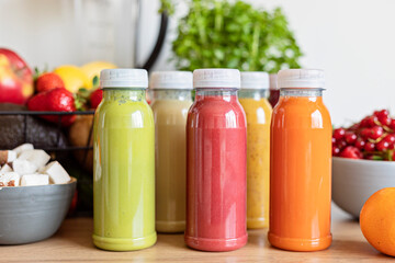 Healthy fresh fruit and vegetable smoothies with assorted ingredients of various colors and tastes. Superfood detox and diet food concept