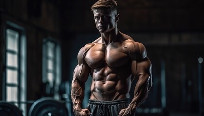Fototapeta na wymiar Muscular bodybuilder male athlete demonstrates her body in the gym. Generative AI