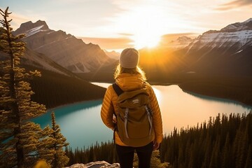 Woman standing in front of a beautiful landscape with the sunset in the background. Generative AI.