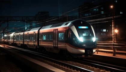 Naklejka premium Photo of modern high speed train passing through the city at night. Generative AI