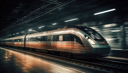 Obraz na płótnie Canvas Photo of modern high speed train passing through the city at night. Generative AI