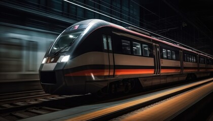 Naklejka premium Photo of modern high speed train passing through the city at night. Generative AI