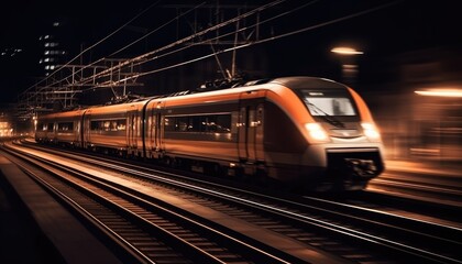 Fototapeta na wymiar Photo of modern high speed train passing through the city at night. Generative AI