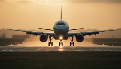 Fototapeta na wymiar Close-up shot of the plane landing on the runway. Generative AI