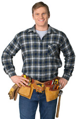 Male worker with tool belt isolated on white  background
