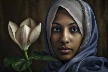 Naklejka premium Egyptian woman with an enigmatic expression wearing a veil and holding a lotus flower'', generative ai