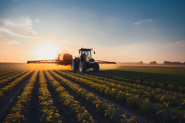 Tractor spraying pesticides on soybean field with sprayer at spring. Generative AI - obrazy, fototapety, plakaty