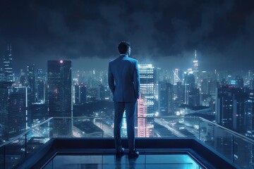 Fototapeta na wymiar A businessman in a suit stands on top of a skyscraper on a blurred cyberpunk futuristic city panorama background with bright neon lights. Photorealistic Generative AI illustration.