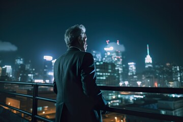 Fototapeta premium A businessman in a suit stands on top of a skyscraper on a blurred cyberpunk futuristic city panorama background with bright neon lights. Photorealistic Generative AI illustration.