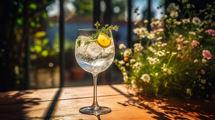 A frosted glass of clear gin and tonic sits on a wrought iron patio table, surrounded by lush greenery and colorful flowers. Generated AI - obrazy, fototapety, plakaty