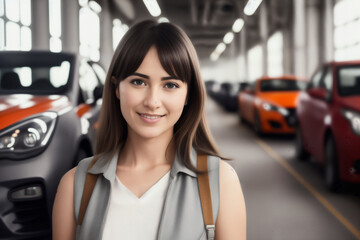Portrait of the female factory worker in an orange vest and industry car assembly line background. Generative AI