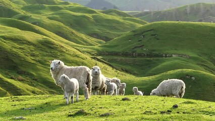 Big group of sheep and lambs on scenic countryside. New Zealand
