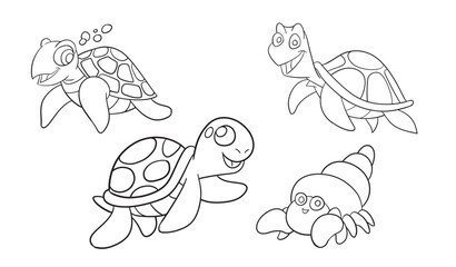 Sea animals group coloring page. Ocean fish, octopus, dolphin, shark, whale, turtle and crab. Doodle style. Outline vector illustration for coloring book. Vector sheet icon.