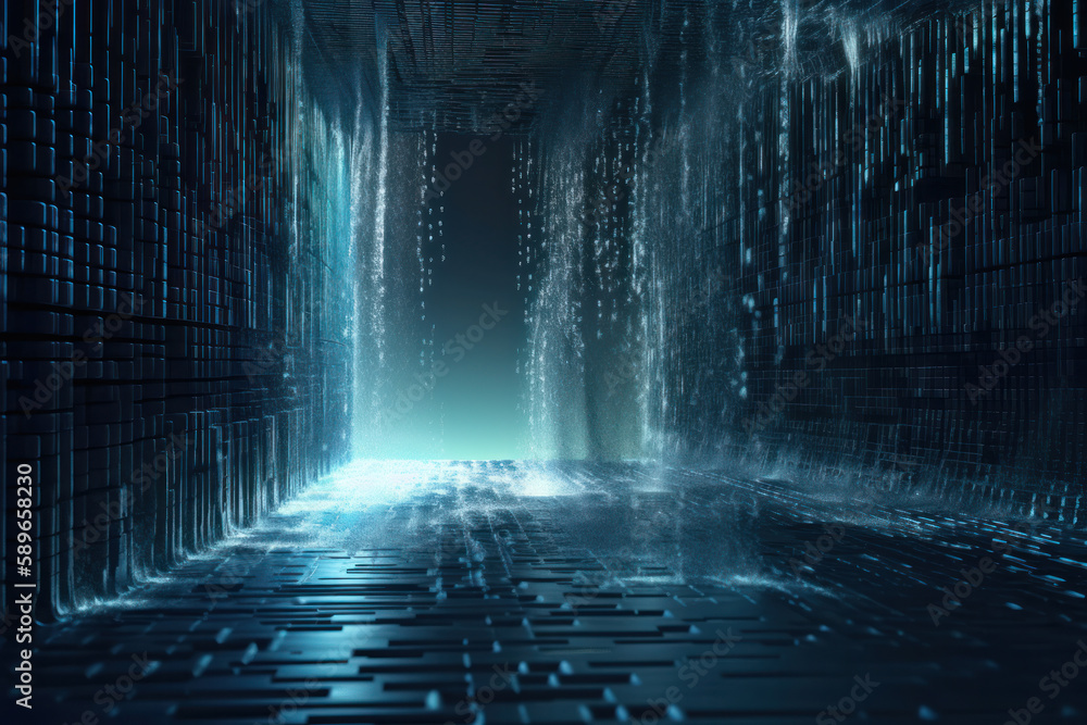 Poster digital waterfall, flowing binary code concept. generative ai illustration