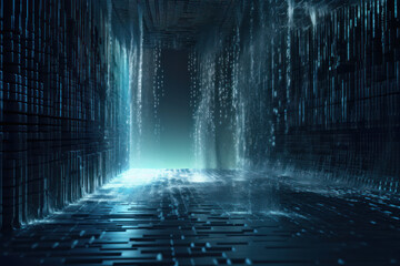 Fototapeta premium Digital waterfall, flowing binary code concept. Generative AI illustration