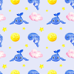 Drawn little baby blue whale. Children's style. Blue whale. Print. Seamless watercolor marine pattern. Ocean. Fabric print. Under the water. Sea creatures. Home textiles for children.