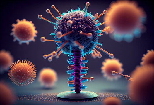 Bacteriophage attacking E. coli bacteria and injecting DNA. Medically accurate 3D illustration. Generative AI