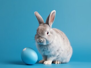 Obraz premium Cute Easter bunny with blue egg on blue background. Studio shot.