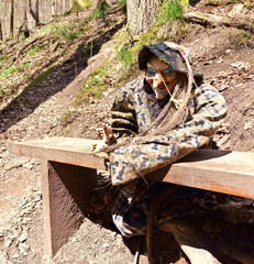 Holzfigur einer Hexe auf dem Premium-Wanderweg Hexenklamm in der Nähe von Pirmasens in der...