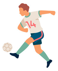 Soccer kicking. Player hitting ball with foot. Shooting goal symbol