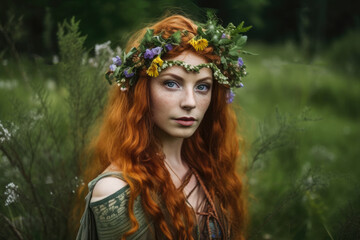 Fototapeta premium Enchanting Celtic Pagan Woman with Wildflowers in her Hair, generative ai