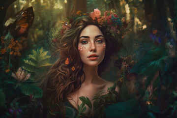 Enchanting portrait of a woman in a Mother Nature-inspired art style, surrounded by lush greenery and flowers, generative ai