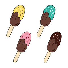 Ice cream popsicle multi colored options. Vector illustration doodle style. Refreshing frozen ice.