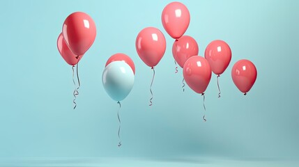  a group of helium balloons one leg flying away isolated on a pastel blue colored background, photography, generative ai