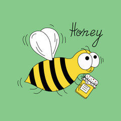 Bee with a jar of honey. Vector illustration in doodle style. Cheerful Insect. Text. Isolated background.	