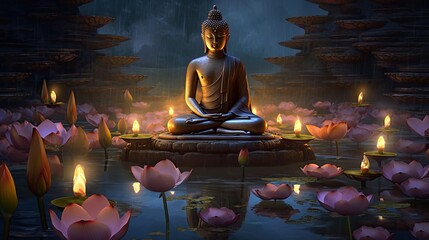  A meditating Buddha statue, Lotus flower and candlelight procession, Photorealism, generative ai