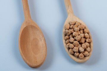 wooden spoon with chickpeas with another empty one