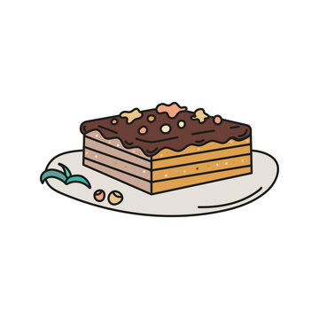 Isolated chocolate waffle cake. Doodle Vector illustration. Concept sweets shop, cafe, sweet snack.