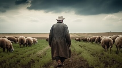 An old farmer in the field with livestock, realistic, back view, modern, satin, photography, generative ai