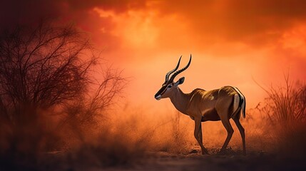 antelope in jungle, golden sunlight in orange sky, dramatic clouds, cell shading, sharp focus, emitting diodes, smoke, realistic, photography, generative ai