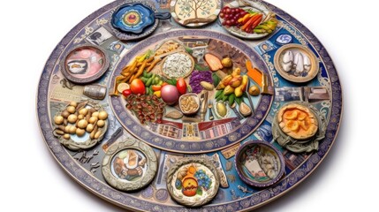  An elaborate and ornate scene featuring a vibrant and eye - catching seder plate, with each element represented in stunning detail, realistic, photography, generative ai