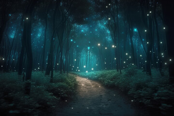 Fireflies along a path in magic forest. Generative AI illustration