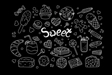 Set sweets doodle. White line on Black. Vector illustration. Food Sweets, dessert, chocolate, cakes.