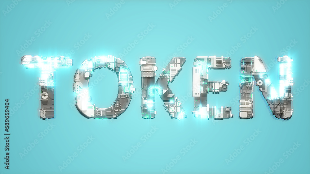 Poster modern shining cybernetic text token on blue background - abstract 3d rendering