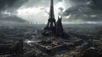 futuristic Eiffel Tower, standalone, in the middle of a destroyed city, extremely detailed, realistic, photographic, generative ai