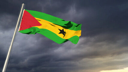 nice Sao Tome and Principe flag on heavy dark clouds backdrop - abstract 3D illustration