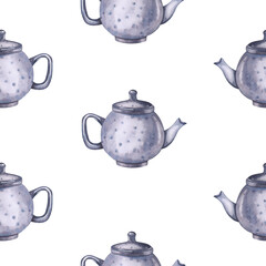 Seamless patern with teapots watercolor illustration. Hand drawn isolated on white background.