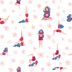 Yoga seamless pattern woman is engaged. Yoga poses, lotus, monstera. Health of mind and body